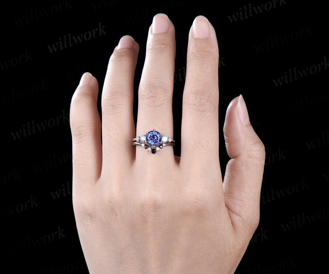 Vintage round natural Tanzanite engagement ring set solid 14k white gold moonstone diamond wedding promise ring women