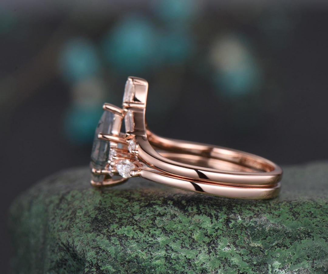 Kite cut moss agate ring vintage rose gold 6 prong unique engagement ring set women Baguette moissanite stacking bridal ring set gemstone