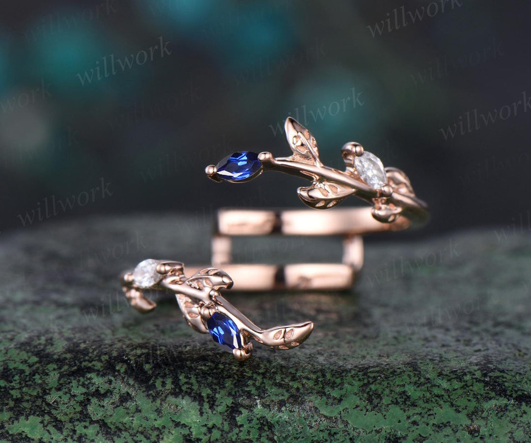 Vintage kite cut blue sapphire engagement ring leaf stacking rose gold diamond wedding promise ring set women jewelry