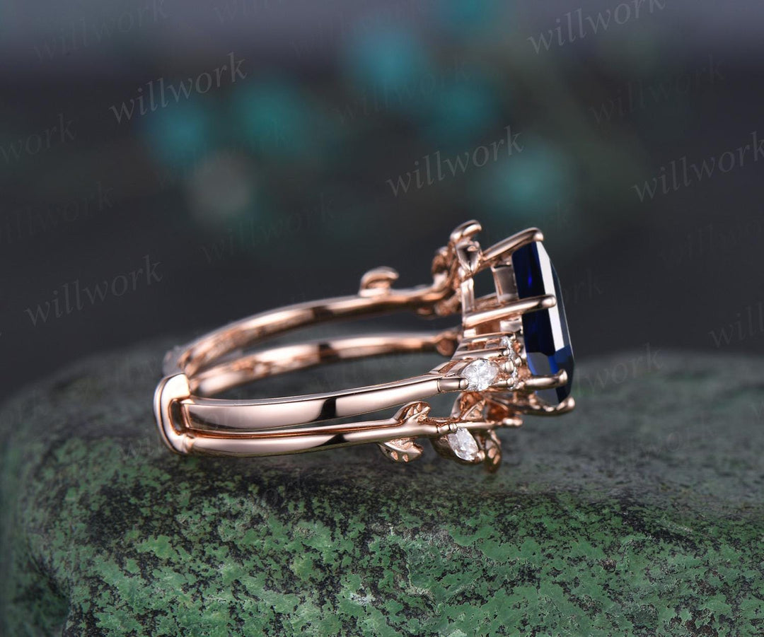 Vintage kite cut blue sapphire engagement ring leaf stacking rose gold diamond wedding promise ring set women jewelry