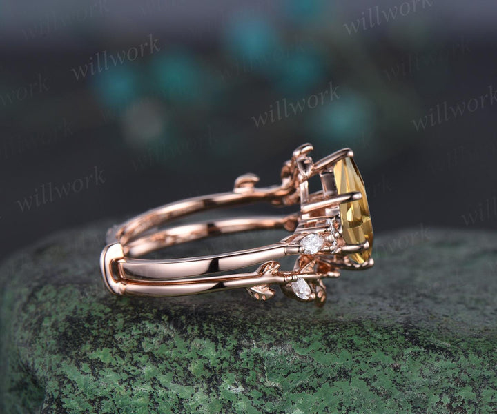 Unique kite cut yellow citrine engagement ring set leaf rose gold diamond wedding band enhancer Crystal gemstone anniversary ring women gift