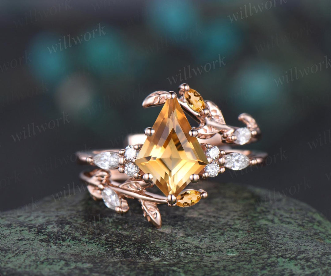 Unique kite cut yellow citrine engagement ring set leaf rose gold diamond wedding band enhancer Crystal gemstone anniversary ring women gift