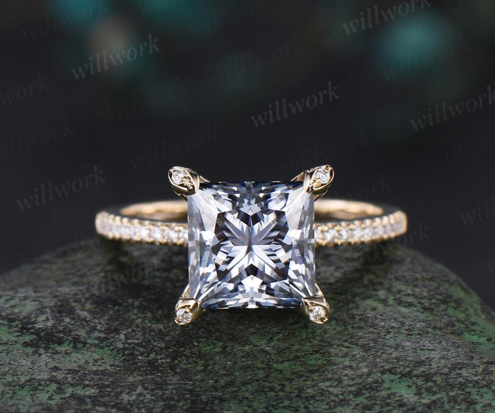 Vintage princess cut gray moissanite engagement ring yellow gold pyramid under halo basket diamond ring women unique promise ring jewelry