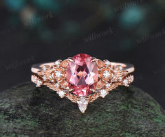 Oval cut Padparadscha pink sapphire engagement ring set leaf floral nature inspired diamond wedding bridal ring set women gift jewelry