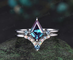 Kite cut Alexandrite ring minimalist vintage white gold three stone unique engagement ring set women stacking opal bridal set gift jewelry