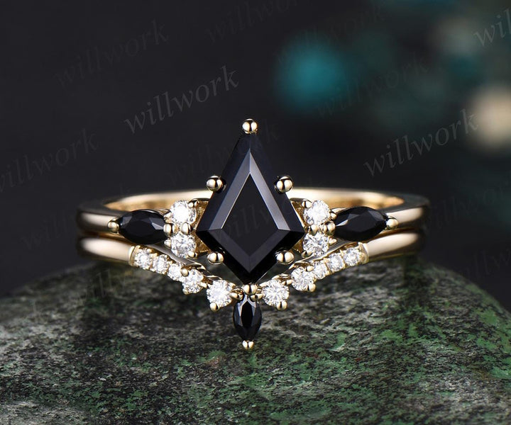 Kite cut black onyx ring yellow gold dainty moissanite stacking unique engagement ring set women black stone ring