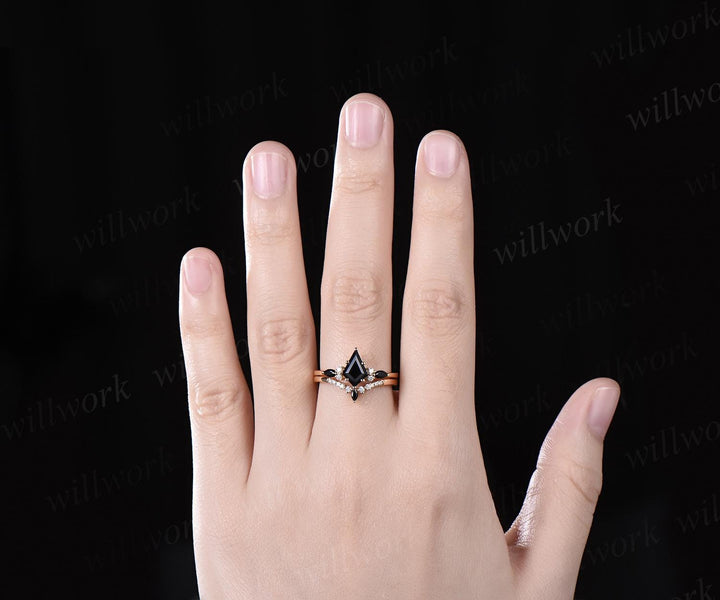 Kite cut black onyx ring yellow gold dainty moissanite stacking unique engagement ring set women black stone ring