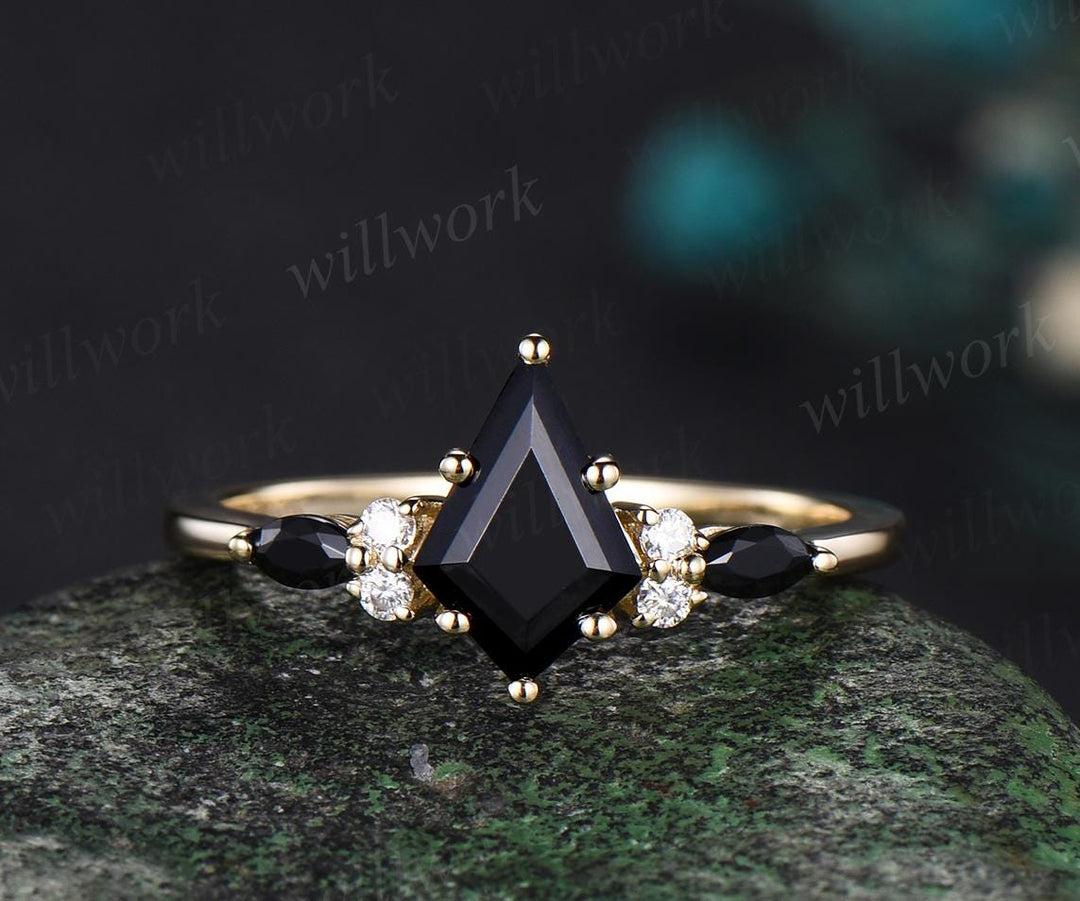 Kite cut black onyx ring yellow gold dainty moissanite stacking unique engagement ring set women black stone ring