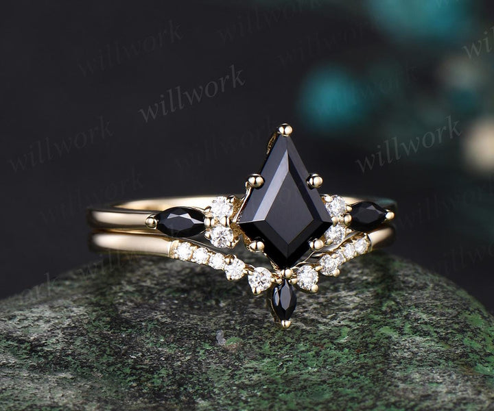 Kite cut black onyx ring yellow gold dainty moissanite stacking unique engagement ring set women black stone ring