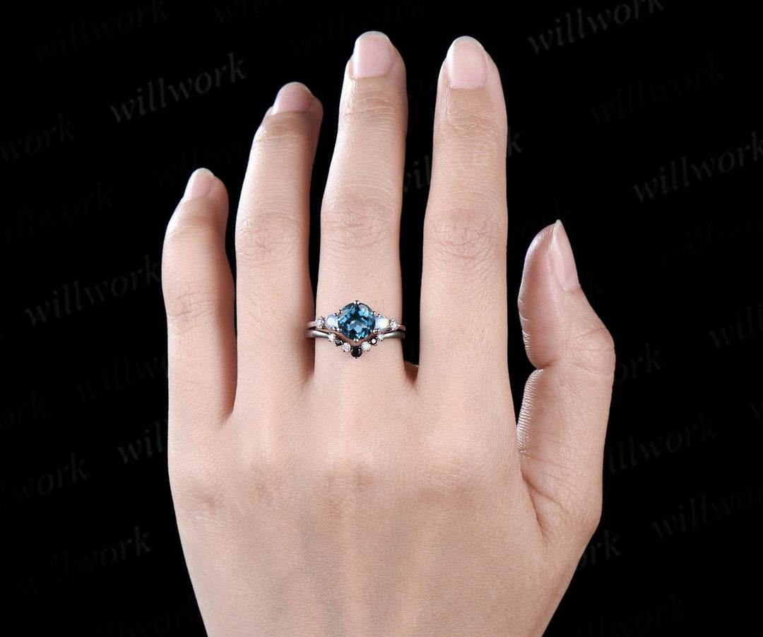 Round cut London blue topaz ring white gold five stone moonstone black spinel moissanite ring women 6 prong unique engagement ring gift