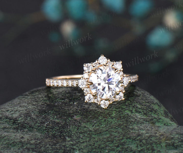 1ct round cut moissanite ring yellow gold vintage halo diamond half eternity unique snowdrift engagement ring women antique jewelry gift