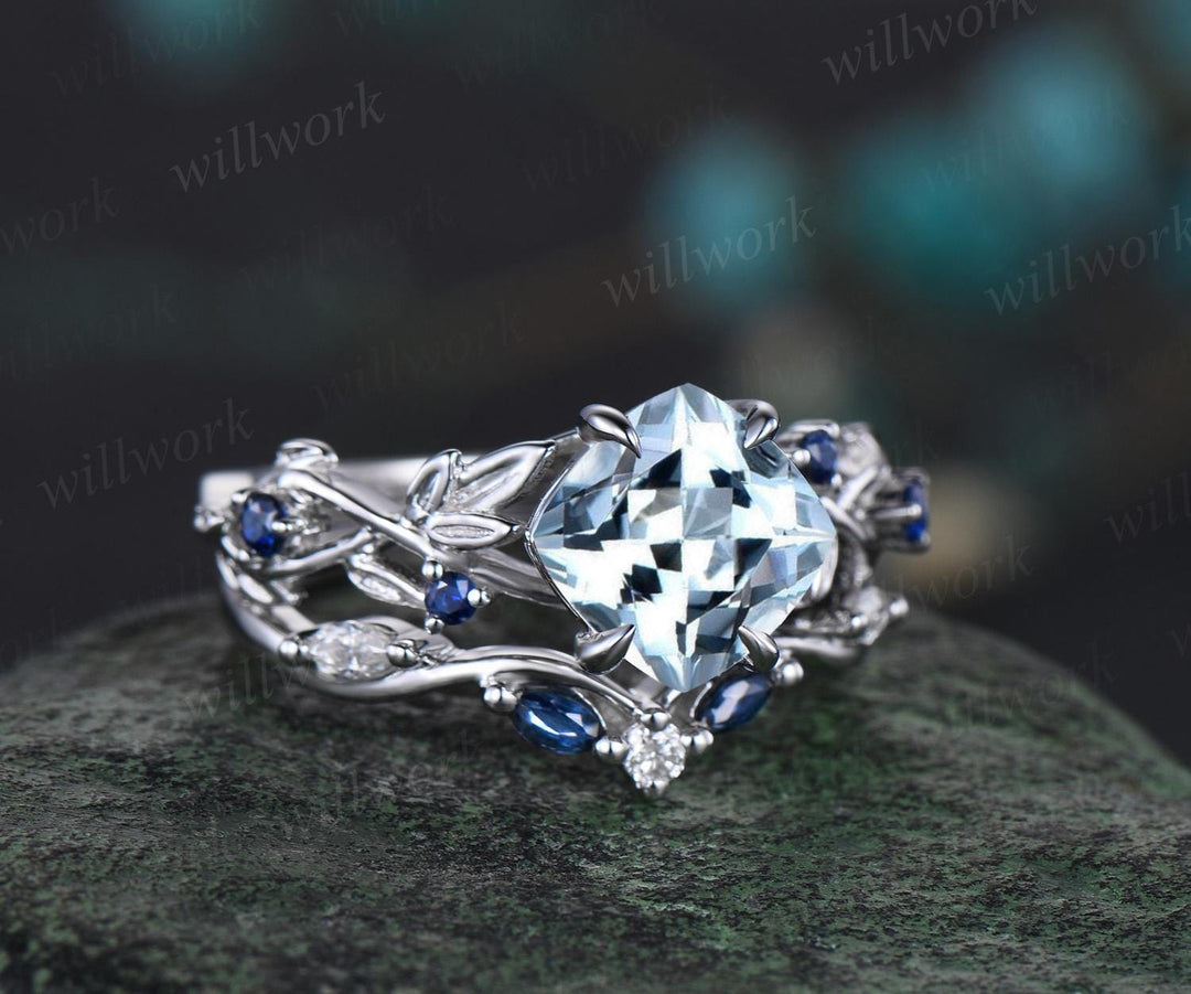 Cushion cut aquamarine engagement ring set vintage vine leaf five stone natural sapphire ring women unique wedding promise ring set jewelry