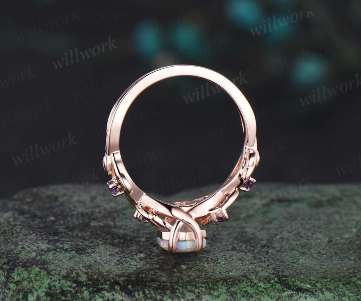 Hexagon cut white opal ring vintage rose gold five stone infinity leaf unique engagement ring women amethyst anniversary ring gift jewelry