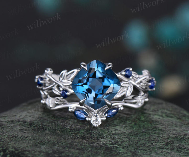 Cushion cut London blue topaz engagement ring white gold vintage vine leaf natural sapphire ring women unique wedding ring set jewelry