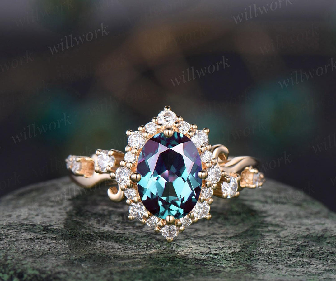 Vintage oval cut alexandrite engagement ring snowdrift halo diamond ring 14k yellow gold June birthstone  unique bridal ring women jewelry