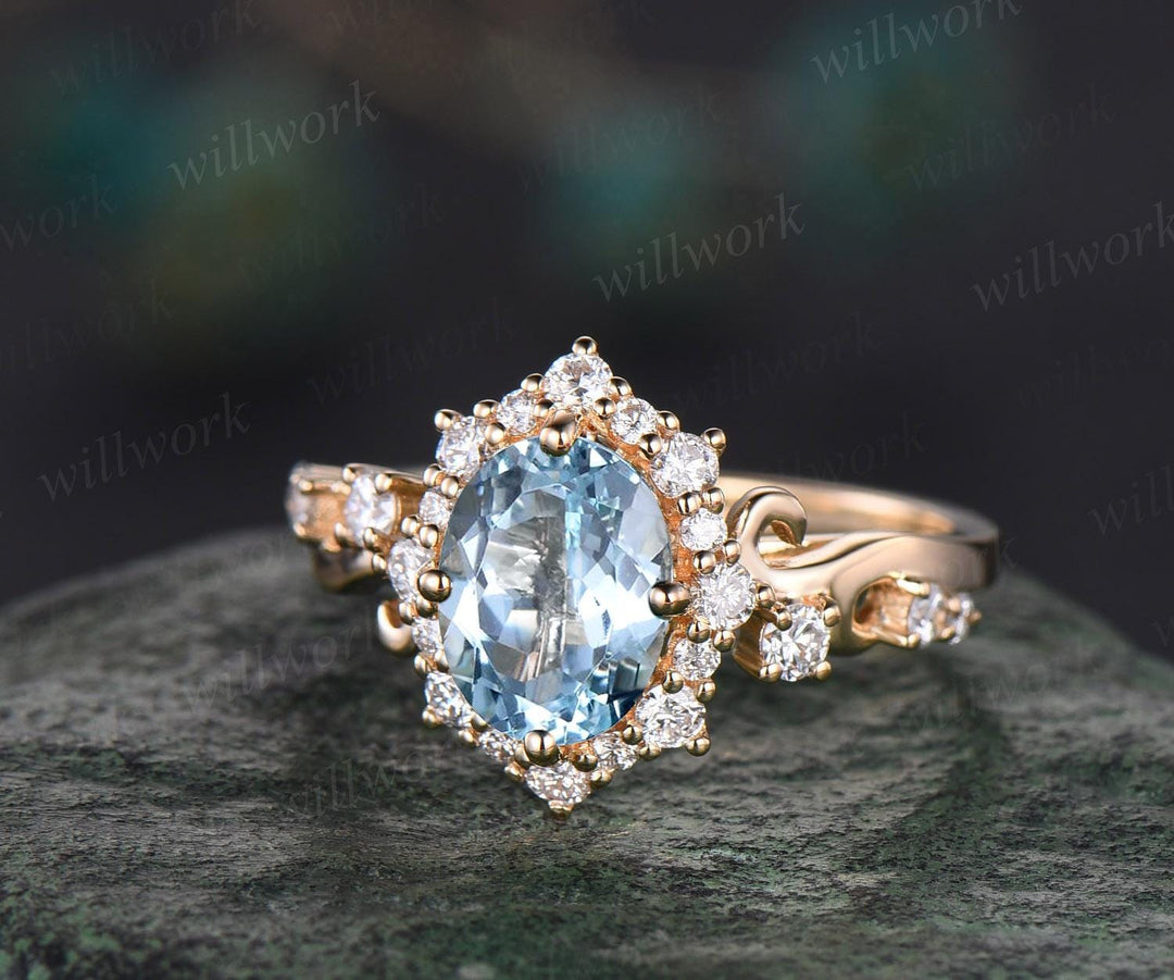 Vintage oval cut aquamarine engagement ring snowdrift halo diamond ring 14k yellow gold March birthstone unique promise ring women jewelry