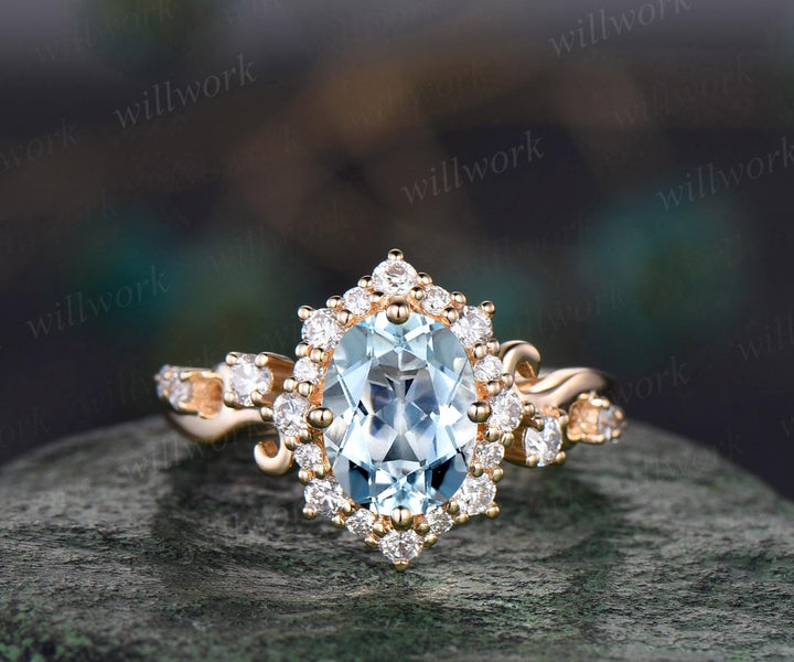 Vintage oval cut aquamarine engagement ring snowdrift halo diamond ring 14k yellow gold March birthstone unique promise ring women jewelry