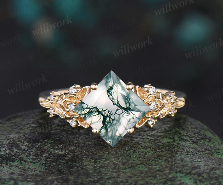 Vintage princess cut moss agate engagement ring women 14k yellow gold leaf floral diamond ring unique promise wedding ring set jewelry gift