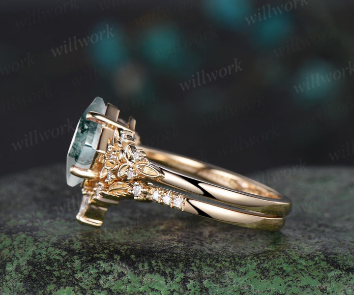 Vintage princess cut moss agate engagement ring women 14k yellow gold leaf floral diamond ring unique promise wedding ring set jewelry gift