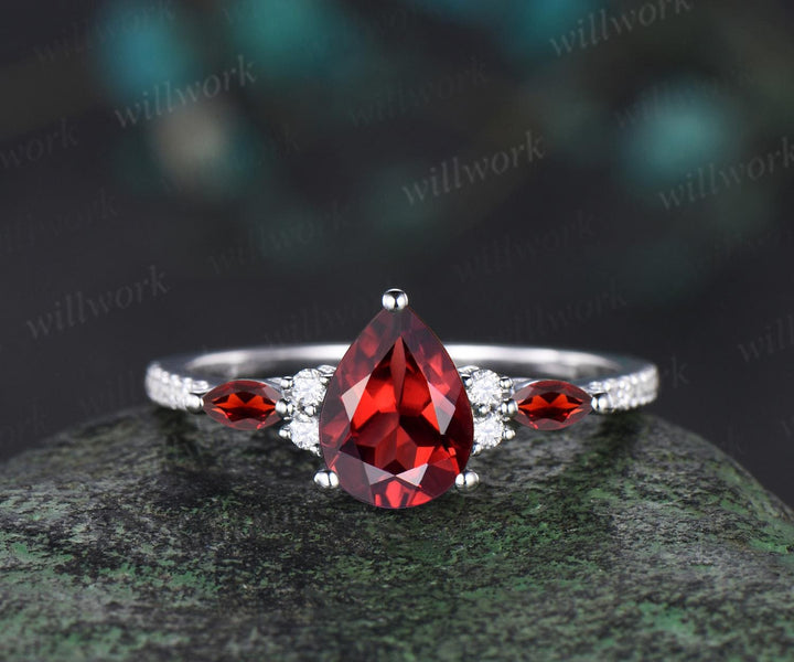 Pear shaped red garnet engagement ring solid 14k white gold dainty half eternity diamond wedding ring women unique anniversary gift gemstone