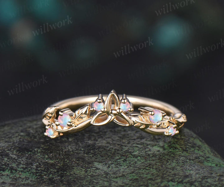 Celtic knot leaf white opal wedding band solid 14k yellow gold stacking matching bridal anniversary ring gift Norse Viking Jewelry