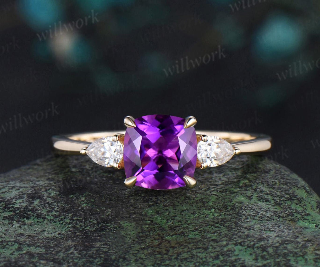 Cushion cut purple amethyst engagement ring solid 14k yellow gold claw prong three stone pear diamond promise anniversary ring women