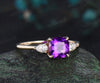 Cushion cut purple amethyst engagement ring solid 14k yellow gold claw prong three stone pear diamond promise anniversary ring women