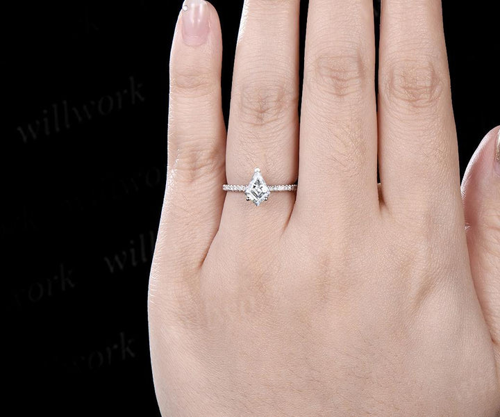 Kite cut natural moissanite engagement ring solid 14k white gold half eternity diamond ring dainty unique wedding promise gift