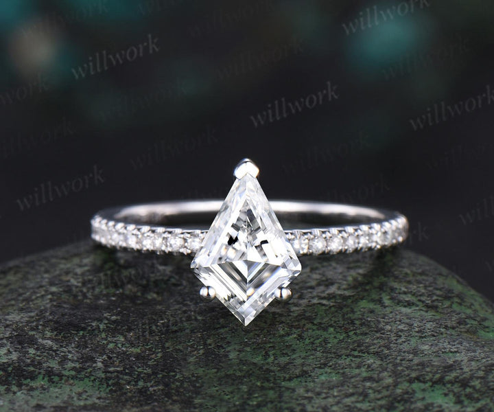 Kite cut natural moissanite engagement ring solid 14k white gold half eternity diamond ring dainty unique wedding promise gift