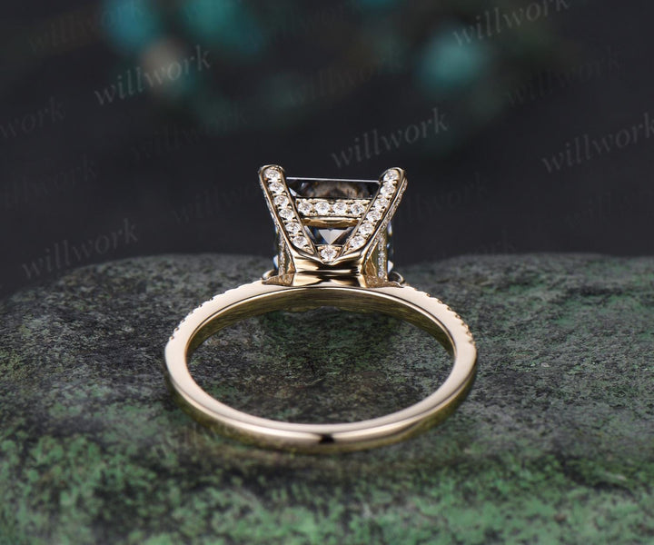 Vintage princess cut gray moissanite engagement ring yellow gold pyramid under halo basket diamond ring women unique promise ring jewelry