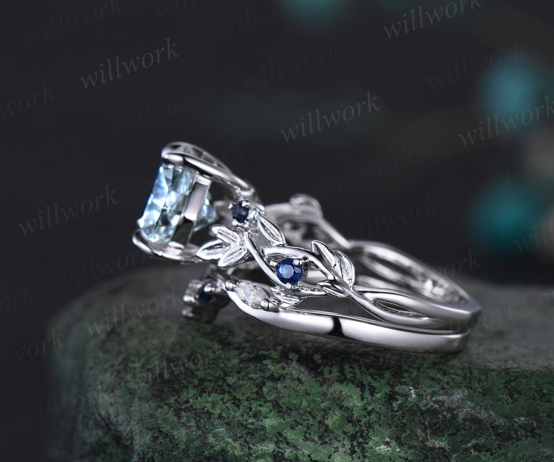 Cushion cut aquamarine engagement ring set vintage vine leaf five stone natural sapphire ring women unique wedding promise ring set jewelry