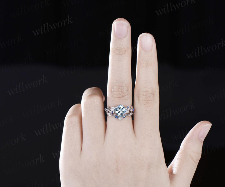 Cushion cut aquamarine engagement ring set vintage vine leaf five stone natural sapphire ring women unique wedding promise ring set jewelry