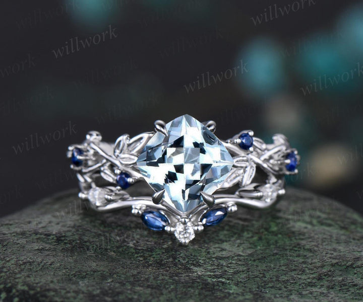 Cushion cut aquamarine engagement ring set vintage vine leaf five stone natural sapphire ring women unique wedding promise ring set jewelry