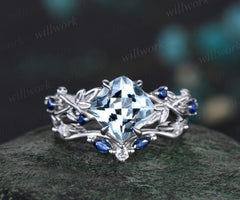 Cushion cut aquamarine engagement ring set vintage vine leaf five stone natural sapphire ring women unique wedding promise ring set jewelry