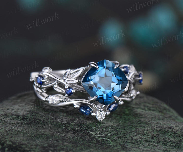 Cushion cut London blue topaz engagement ring white gold vintage vine leaf natural sapphire ring women unique wedding ring set jewelry