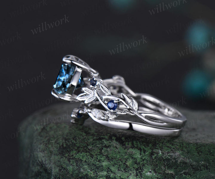 Cushion cut London blue topaz engagement ring white gold vintage vine leaf natural sapphire ring women unique wedding ring set jewelry