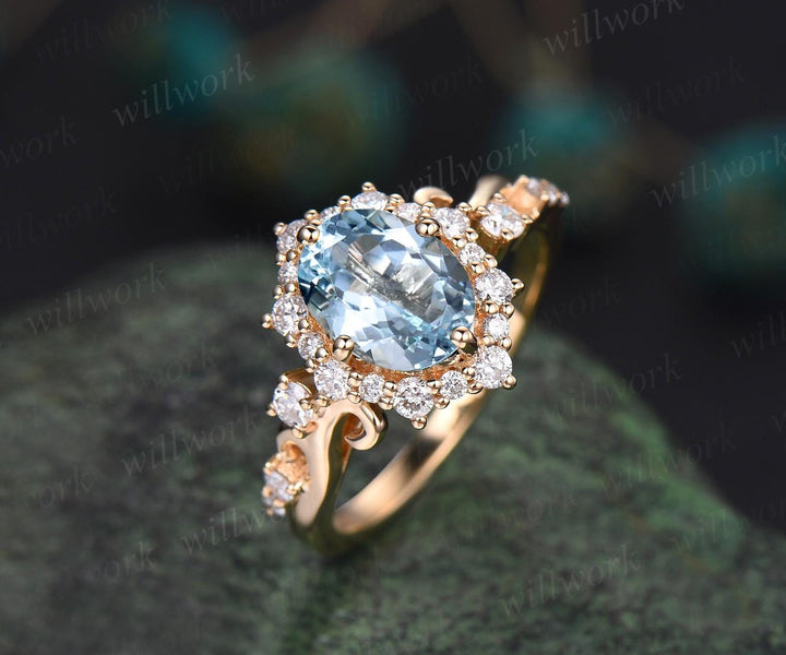 Vintage oval cut aquamarine engagement ring snowdrift halo diamond ring 14k yellow gold March birthstone unique promise ring women jewelry