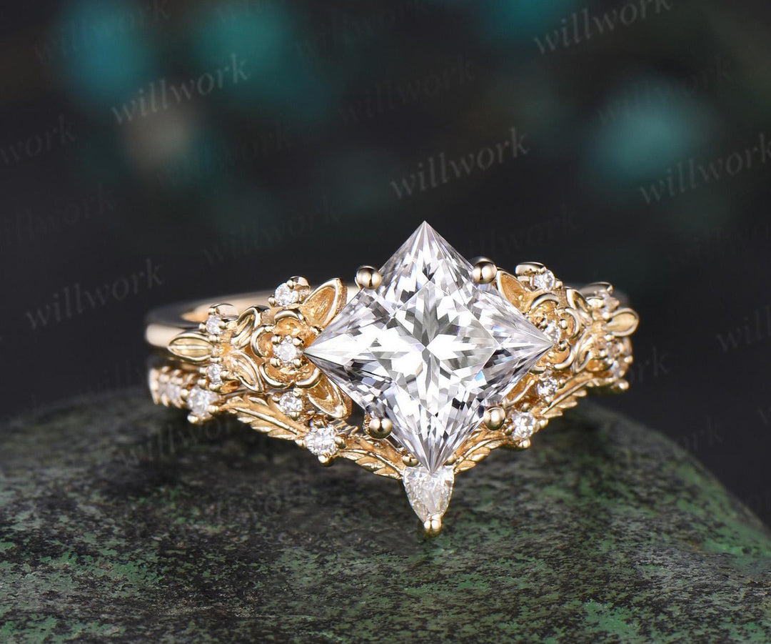 Vintage princess cut moissanite engagement ring women 14k yellow