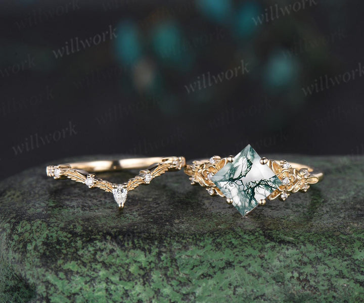 Vintage princess cut moss agate engagement ring women 14k yellow gold leaf floral diamond ring unique promise wedding ring set jewelry gift