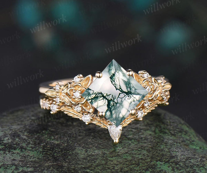 Vintage princess cut moss agate engagement ring women 14k yellow gold leaf floral diamond ring unique promise wedding ring set jewelry gift