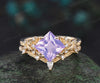 Vintage princess cut Lavender Amethyst engagement ring women 14k yellow gold leaf floral diamond ring unique bridal ring set jewelry gift