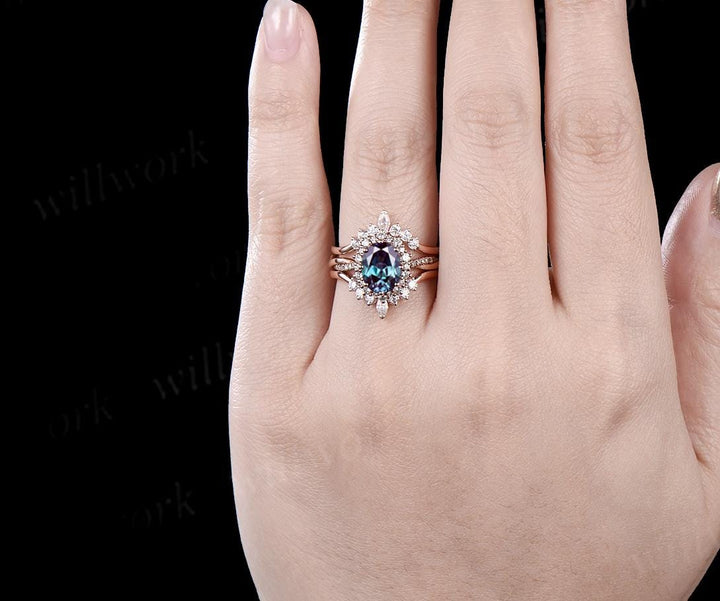 Oval cut alexandrite engagement ring set 14k rose gold infinity snowdrift halo moissanite ring women unique bridal anniversary gift jewelry