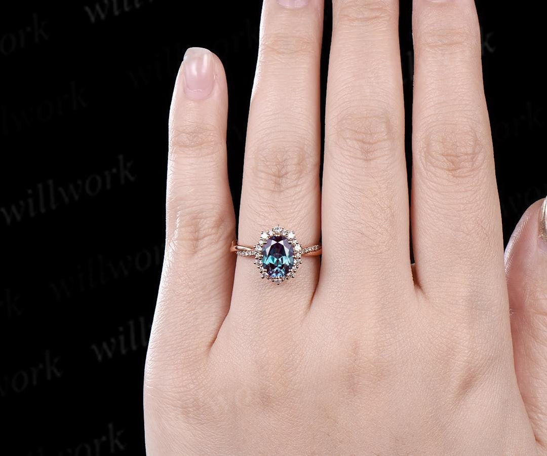 Oval cut alexandrite engagement ring set 14k rose gold infinity snowdrift halo moissanite ring women unique bridal anniversary gift jewelry