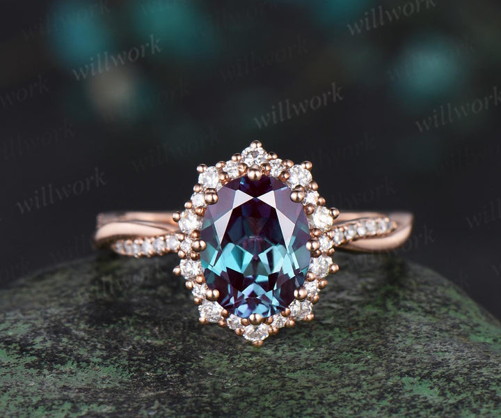 Oval cut alexandrite engagement ring set 14k rose gold infinity snowdrift halo moissanite ring women unique bridal anniversary gift jewelry