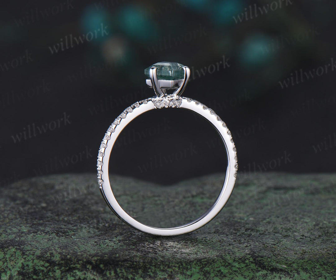 Kite cut natural moss agate engagement ring solid 14k white gold half eternity diamond ring unique wedding anniversary gift