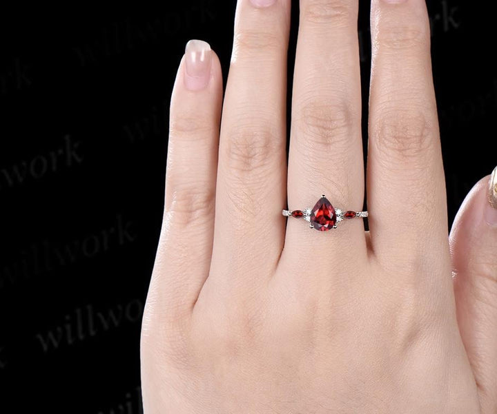 Pear shaped red garnet engagement ring solid 14k white gold dainty half eternity diamond wedding ring women unique anniversary gift gemstone