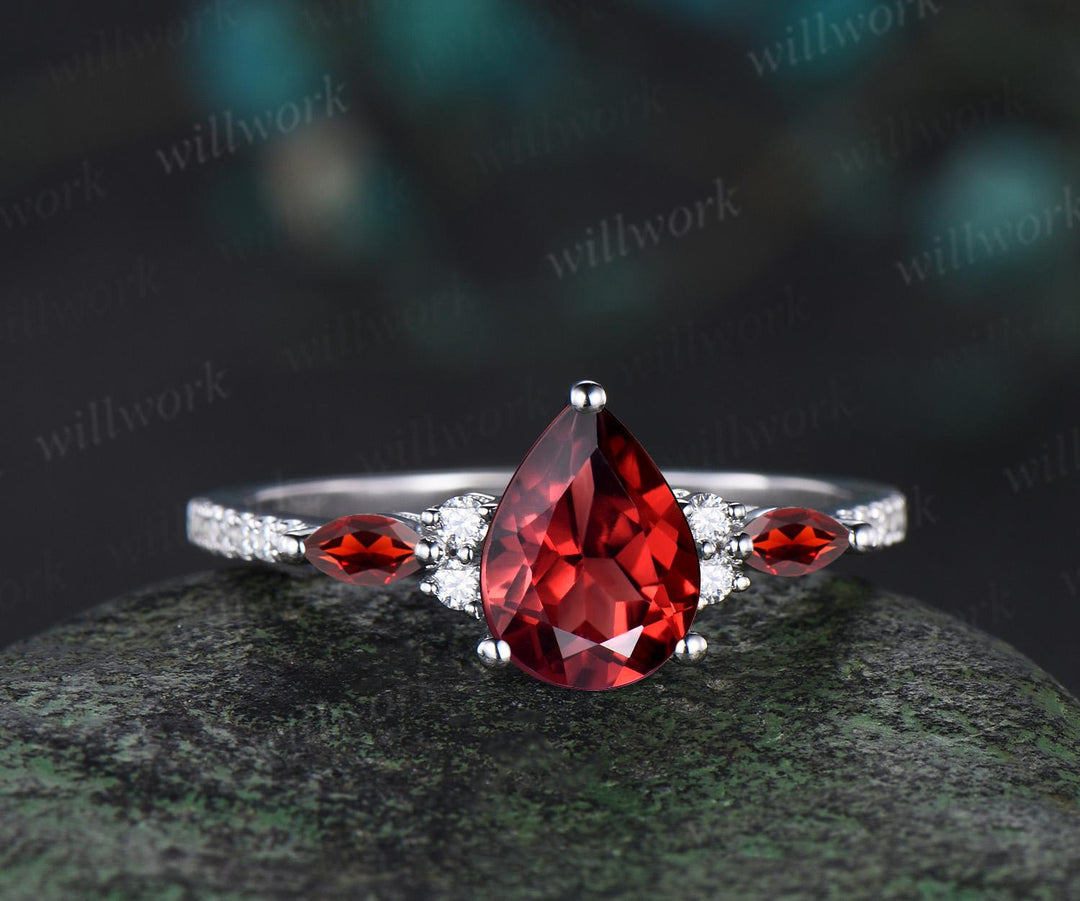 Pear shaped red garnet engagement ring solid 14k white gold dainty half eternity diamond wedding ring women unique anniversary gift gemstone