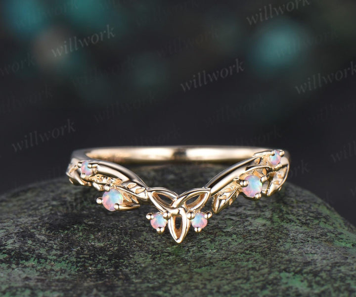 Celtic knot leaf white opal wedding band solid 14k yellow gold stacking matching bridal anniversary ring gift Norse Viking Jewelry