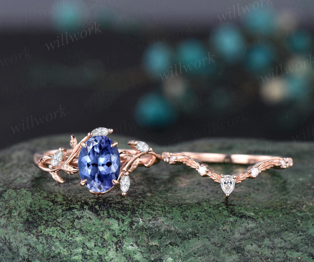 Vintage oval cut Tanzanite engagement ring 14k rose gold leaf nature inspired ring women unique cluster diamond bridal wedding ring set