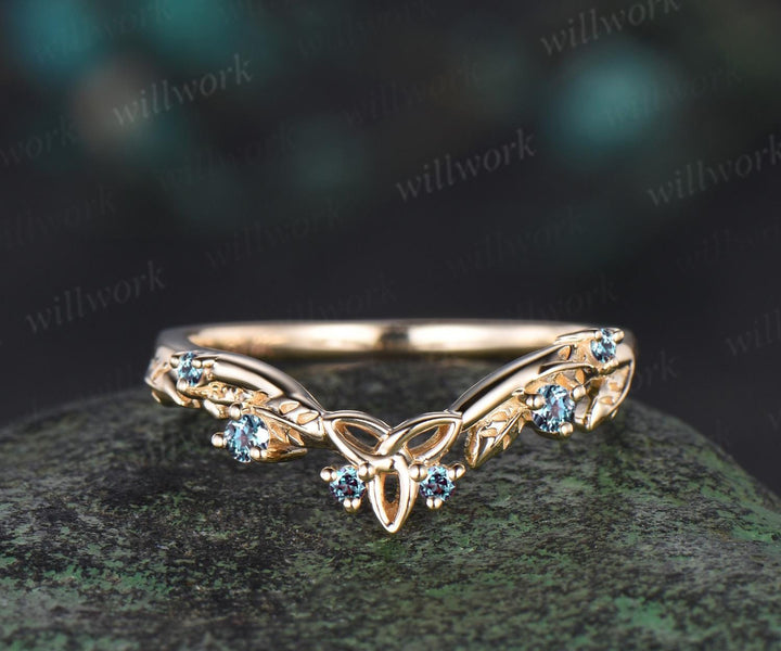 Celtic knot leaf Alexandrite wedding band solid 14k yellow gold stacking matching bridal anniversary ring gift Norse Viking Jewelry